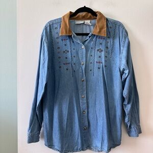 Vintage boho Aztec southwestern style embroidered denim shirt, faux suede collar